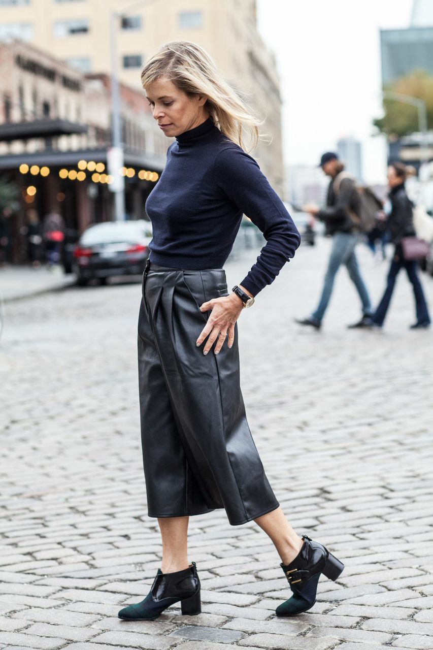 navy turtleneck and leather culottes